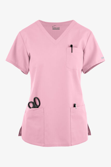Blusa médica Butter-Soft Originals con cuello en V curvo y 7 bolsillos para mujer