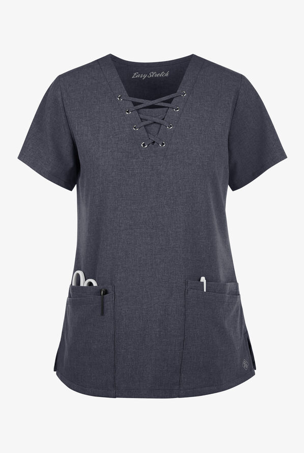 Easy STRETCH Gisele Women's 4-Pocket Lace Up V-Neck Scrub Top - Charcoal Heather - 1