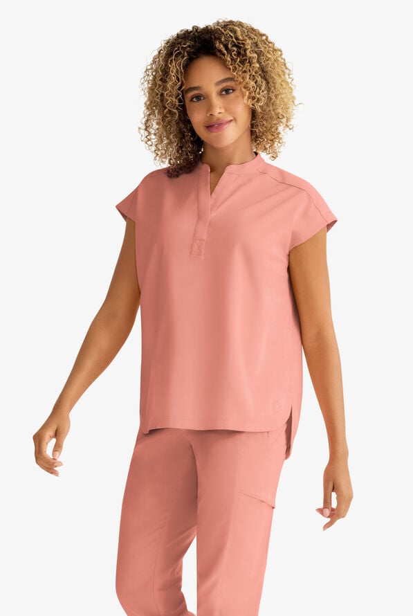 Healing Hands Purple Label Journey Women's 2-Pocket STRETCH Dolman Sleeve Mandarin Collar Scrub Top - Velvet Peach - 3