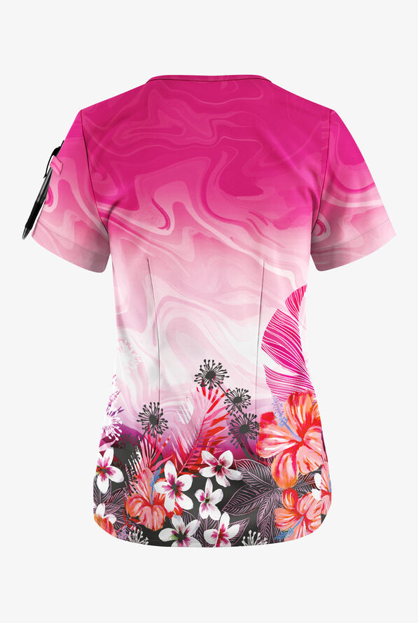 Easy Stretch Honolulu Garden Women's 1-Pocket Scallop Neck Tuck-In Printed Scrub Top - null - 2