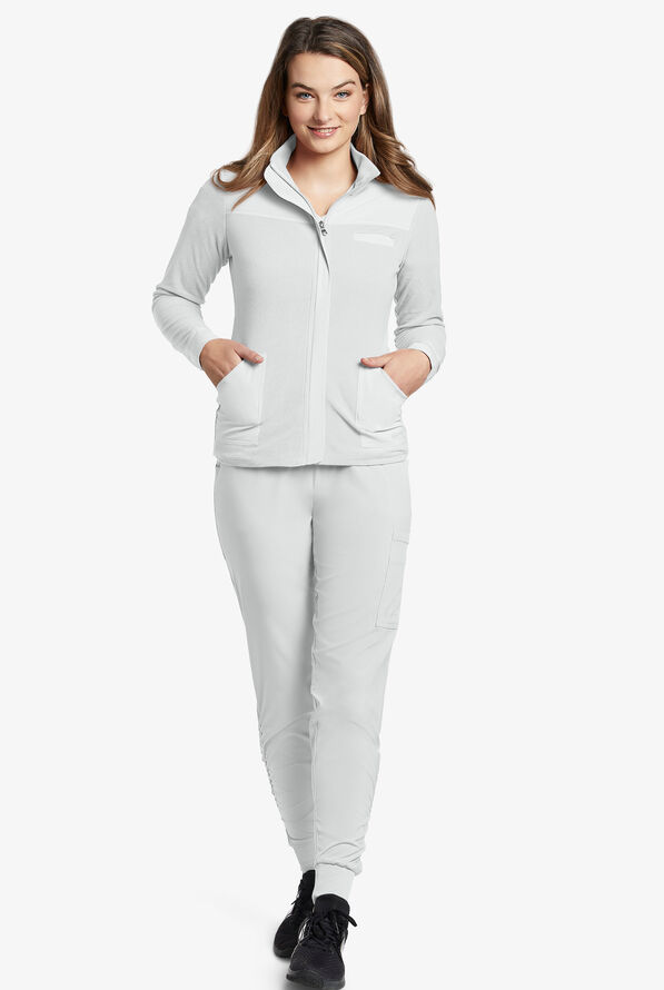 White Cross FIT Women's 3-Pocket Fleece Zip Front Shacket Scrub Jacket - White - 1