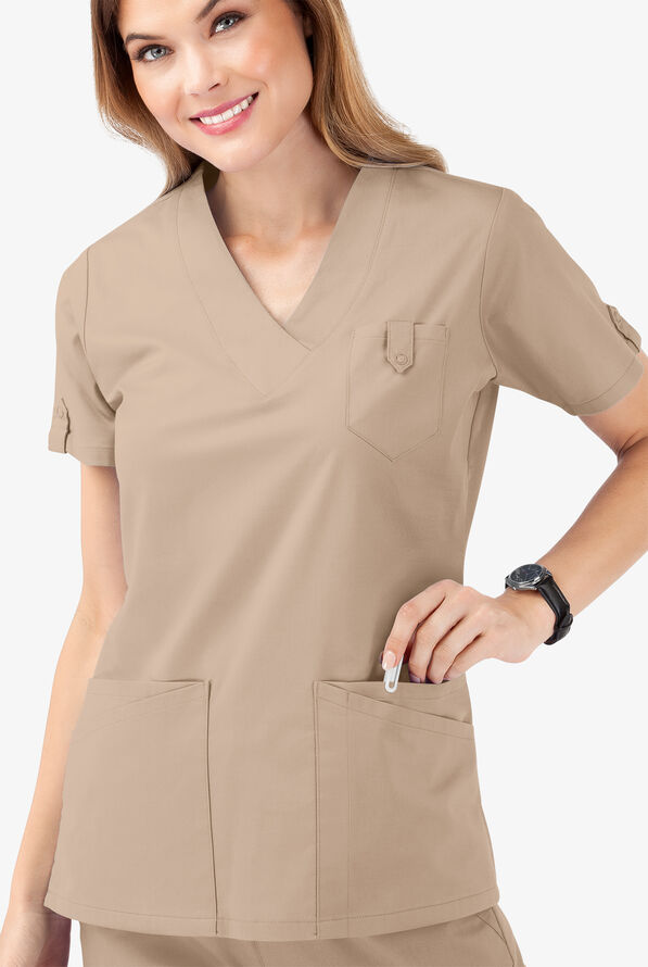 Butter-Soft STRETCH Women's 6-Pocket V-Neck Scrub Top - Iced Latte - 5