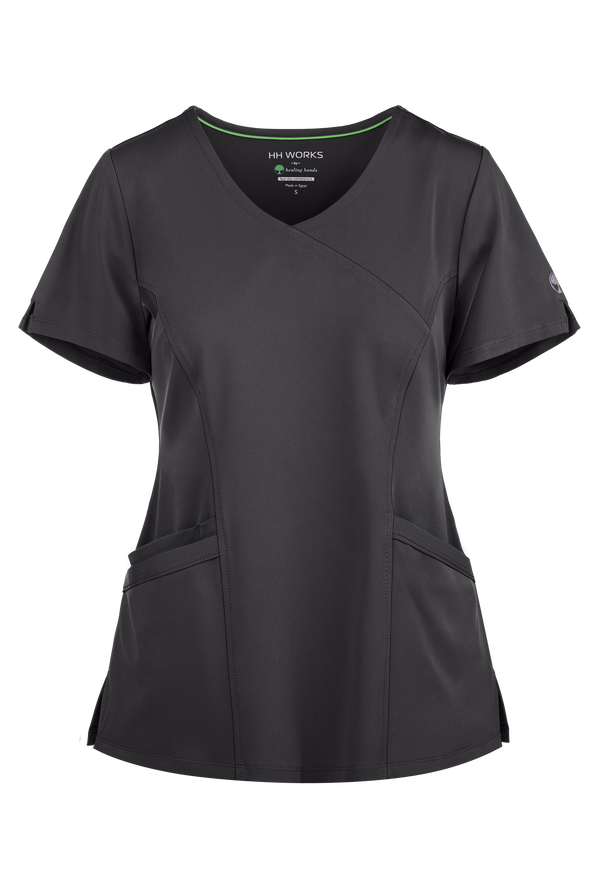 HH Works by Healing Hands Madison Women's 4-Pocket STRETCH Mock Wrap Scrub Top - Pewter - 1