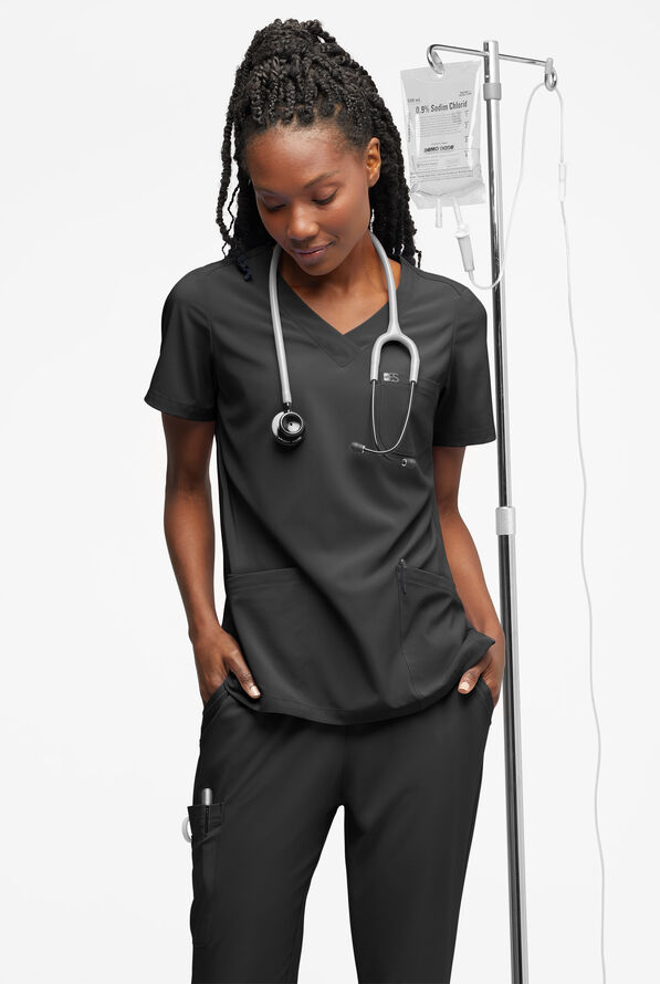 Easy STRETCH Tessa Women's 5-Pocket V-Neck Scrub Top - Onyx Black - 4