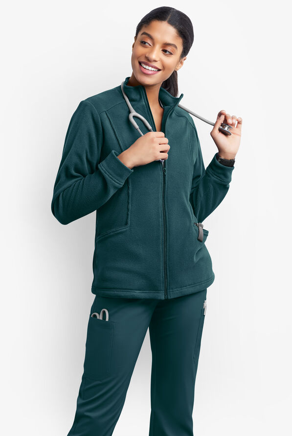 Butter-Soft STRETCH Women's 2-Pocket Zip Front Fleece Scrub Jacket - Caribbean Blue - 2