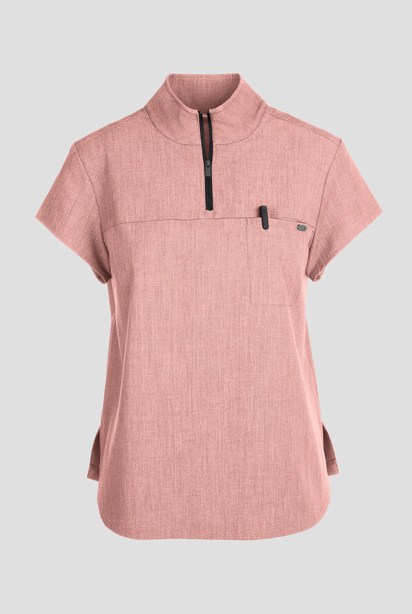 Healing Hands Quest Women's 1-Pocket STRETCH Tuck In Half Zip Collar Scrub Top - Pink Pearl - 1