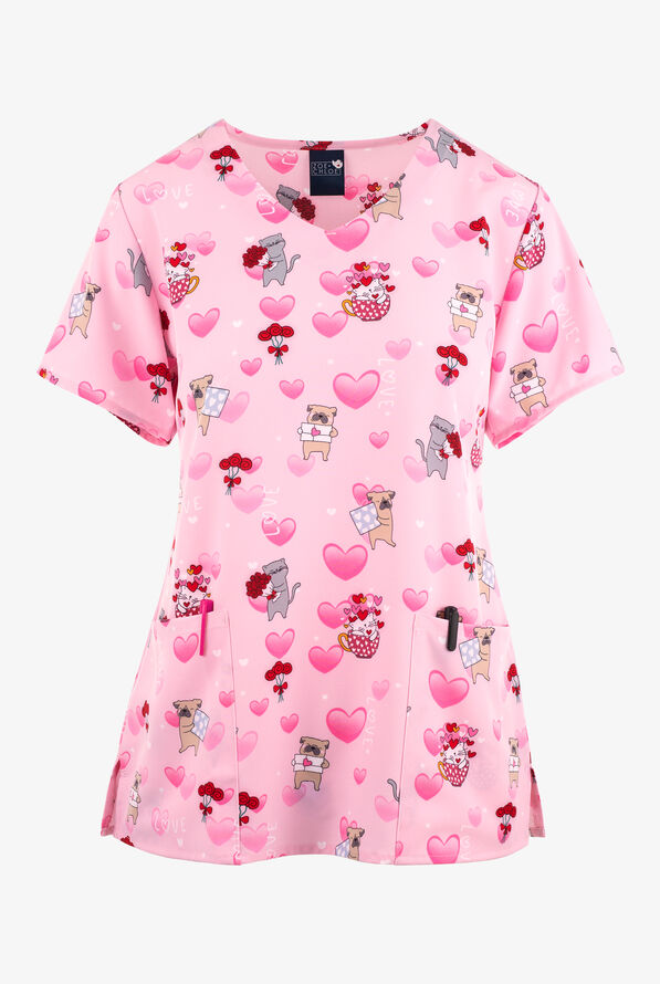 Zoe & Chloe Valentine's Day Rosie Posey Paws Women's 2-Pocket STRETCH V-Neck Print ScrubTop - null - 1