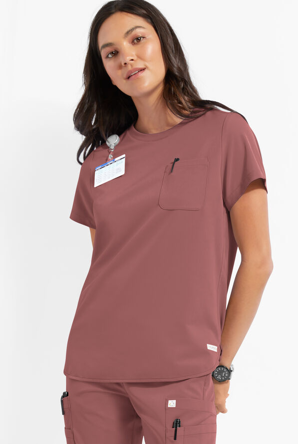 ReSurge Citrine Women's 1-Pocket Crew Neck Tuck In / Wear Out Scrub Top - Soft Chestnut - 2
