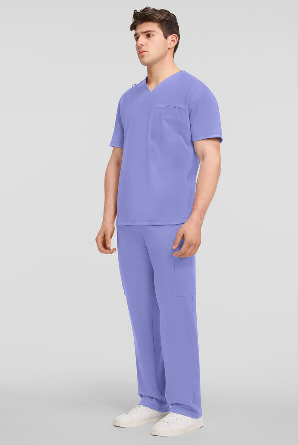 Cherokee Achieve Men's 3-Pocket STRETCH Relaxed V-Neck Knit Scrub Top - Ceil Blue - 4