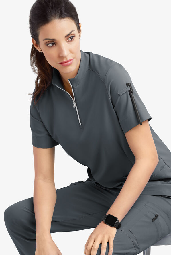 Easy STRETCH Jen Women's 4-Pocket Zip-Neck Short Sleeve Scrub Top - Pewter - 7