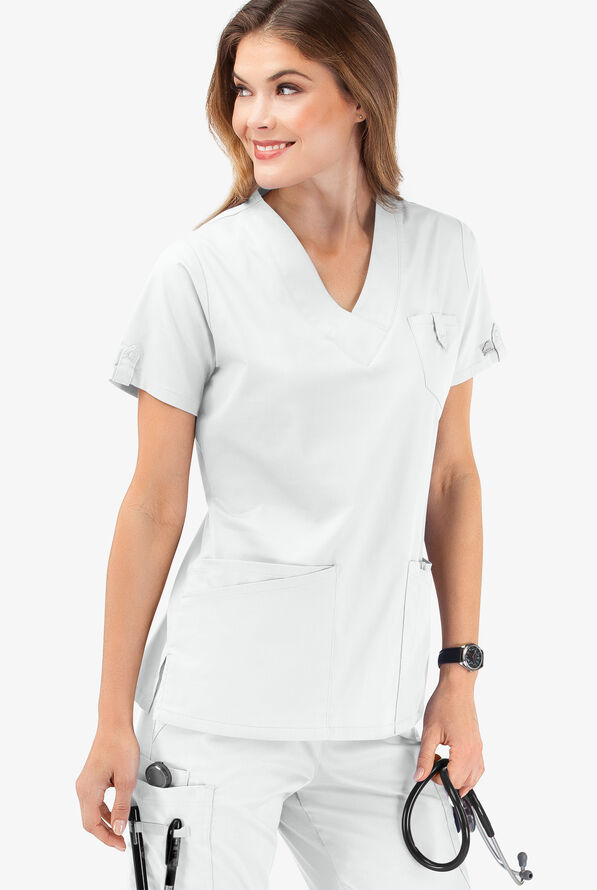 Butter-Soft STRETCH Women's 6-Pocket V-Neck Scrub Top - White - 6