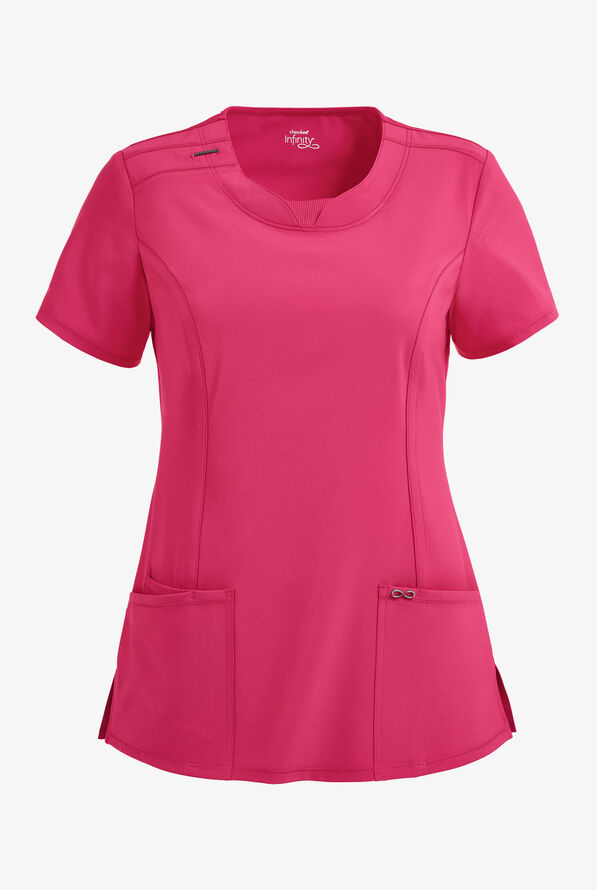 Infinity Women's 3-Pocket STRETCH Round Neck Scrub Top - Carmine Pink - 1