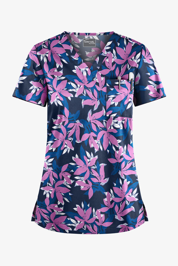 Blusa médica estampada UA Butter-Soft STRETCH Happy Morning Floral Navy con cuello en V y 1 bolsillo para mujer - null - 1