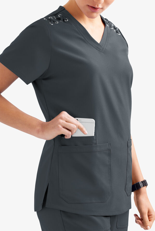 Blusa m&eacute;dica Easy STRETCH Leila con ojales con lazos y 3 bolsillos para mujer - Pewter - 3