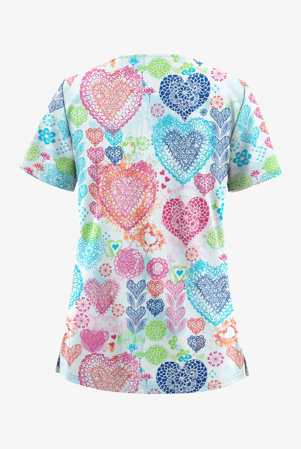 Easy STRETCH Ornate Hearts Women's 2-Pocket V-Neck Print Scrub Top - null - 2