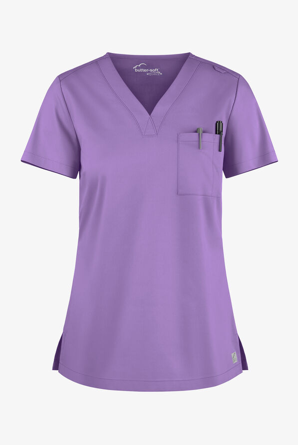 Blusa médica UA Butter-Soft STRETCH con cuello en V y 1 bolsillo para mujer - Ultraviolet Light - 1