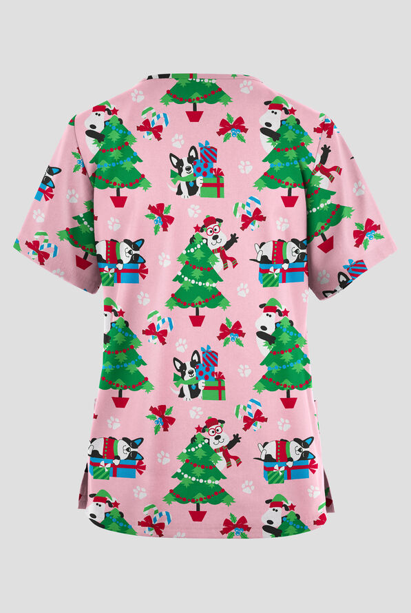 Butter-Soft Originals Wrapped In Joy Blush Women's 2-Pocket V-Neck Print Scrub Top - null - 2