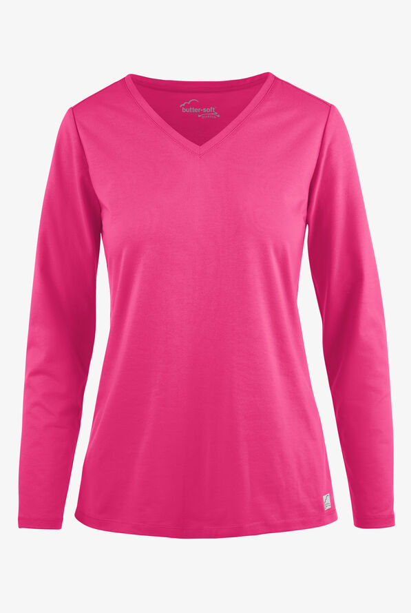 Butter-Soft STRETCH Women&rsquo;s Cotton-Rich V-Neck Knit Underscrub - Fuchsia - 1