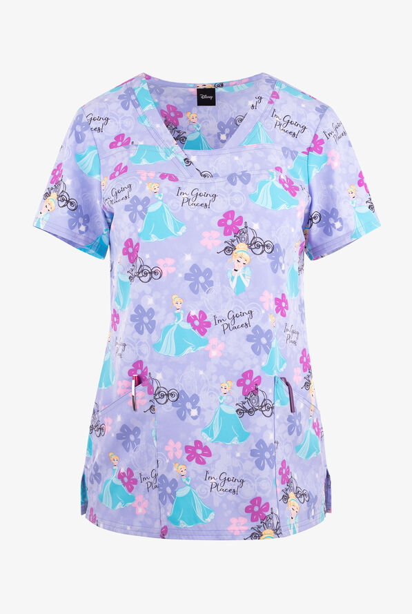 Tooniforms Disney's Cinderella Carriage Ride Women's 2-Pocket STRETCH V-Neck Print Scrub Top - null - 1