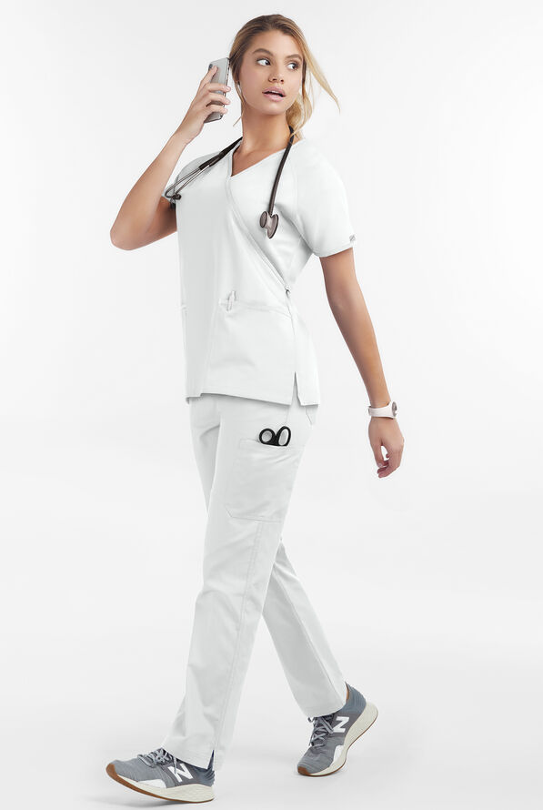 Butter-Soft Core Women's 2-Pocket Solid Mock Wrap Scrub Top - White - 2