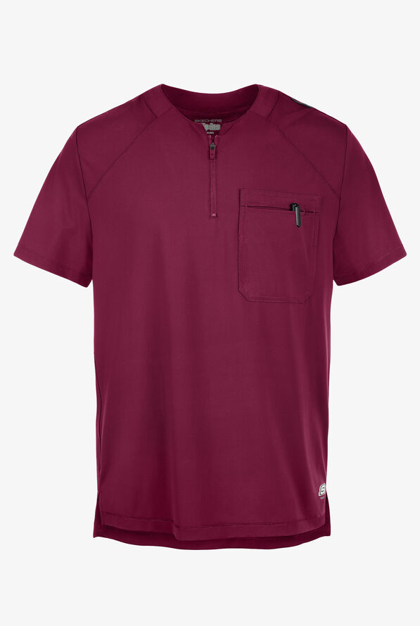 Skechers by Barco Slip-ins Flex Men's 1-Pocket STRETCH Tuck In Zipper Round Neck Scrub Top - Wine - 1