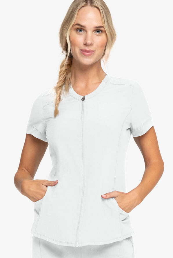 Cherokee Infinity Zip Front Round Neck Scrub Top, Antimicrobial Scrubs