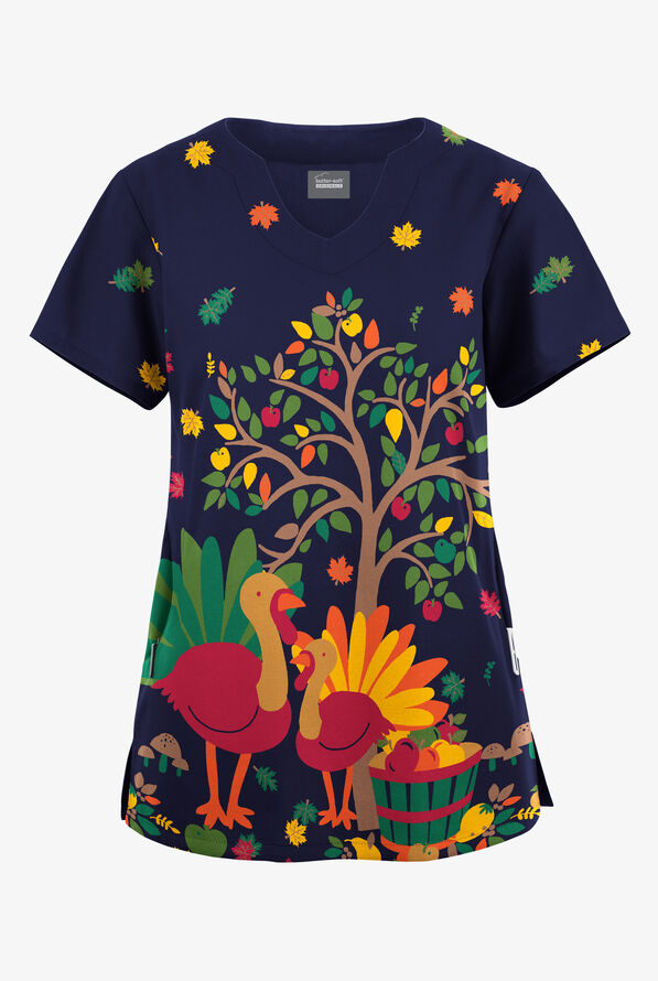 Buttersoft Originals Forest Turky Navy Women's 2-Pocket Scallop Neck Print Scrub Top - null - 1