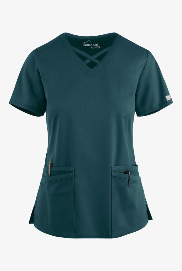 Blusa m&eacute;dica UA Butter-Soft STRETCH con lazos entrecruzados y 4 bolsillos para mujer - Caribbean Blue - 1