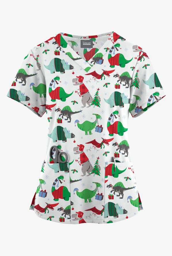 Butter-Soft Originals Santa Saurus White Printed Women's 4-Pocket Rounded V-Neck Print Scrub Top - null - 1
