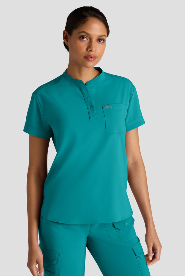 Easy STRETCH Bella Women's 1-Pocket Henley Scrub Top - Teal - 1