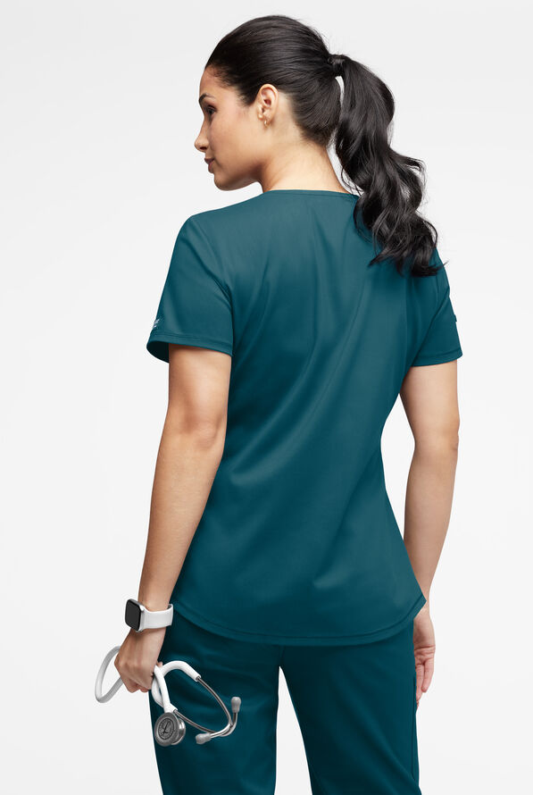 UA Exclusive Cherokee Workwear Revolution Women's 2-Pocket STRETCH Mesh Trim V-Neck Scrub Top - Caribbean Blue - 3