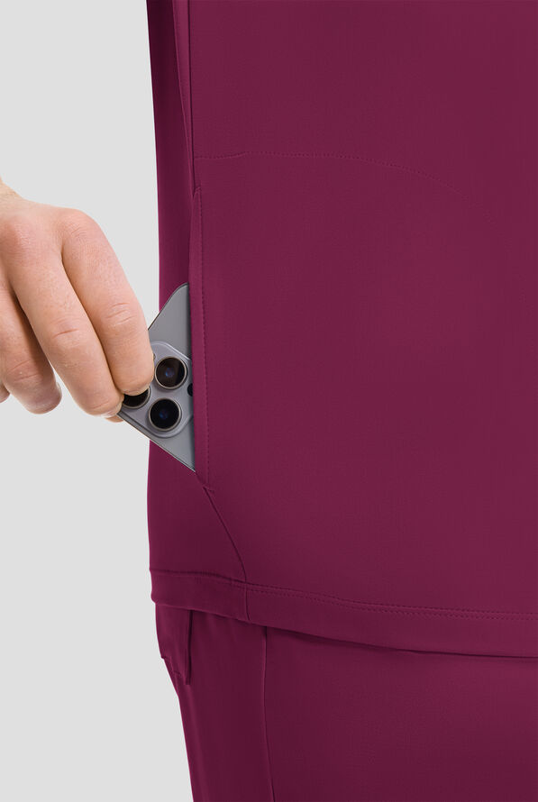 Cherokee Achieve Men's 3-Pocket STRETCH Relaxed V-Neck Knit Scrub Top - Wine - 3