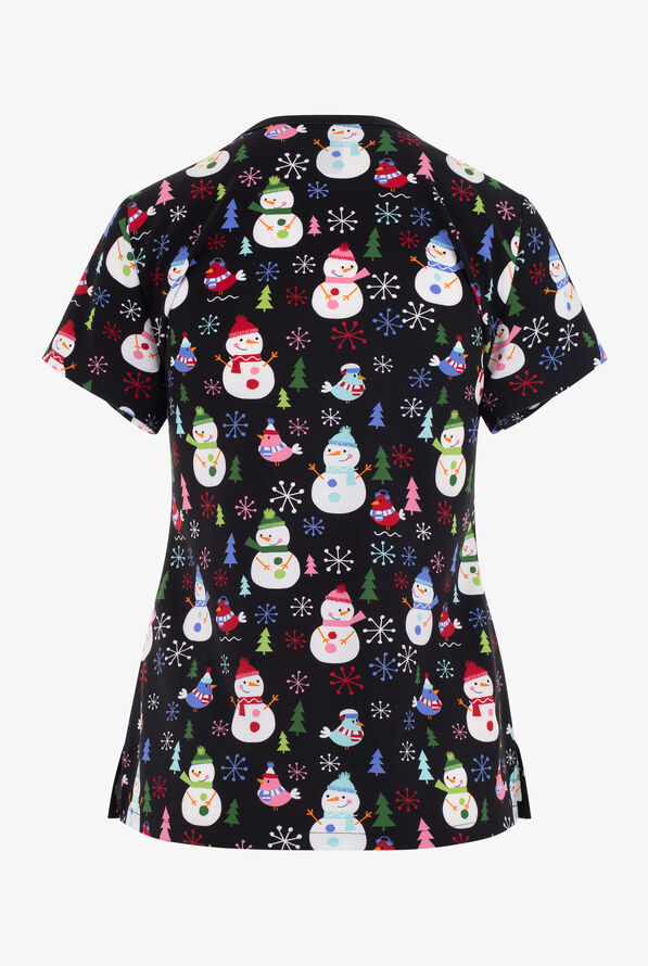 Med Couture Snowflake Snowman Holiday Women's 2-Pocket STRETCH V-Neck Print Scrub Top - null - 2