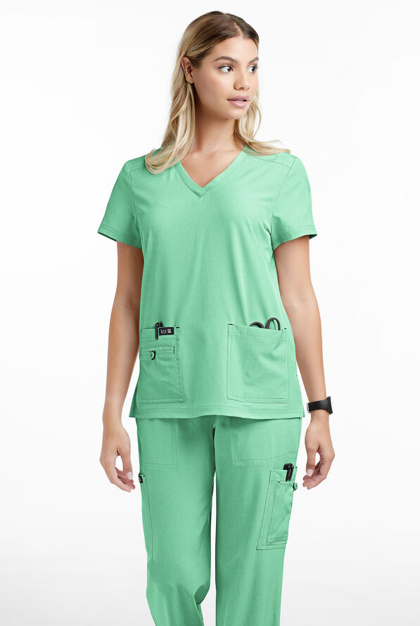 koi Basics Becca Women's 4-Pocket STRETCH V-Neck Scrub Top - Heather Jelly Mint - 2