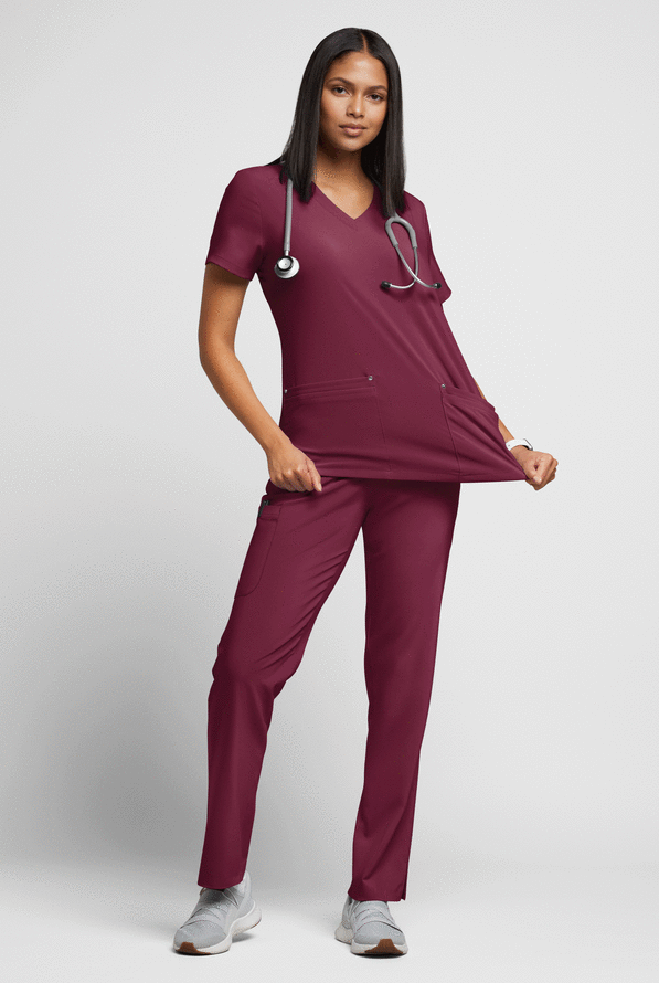 Easy STRETCH Lina Mitered Women's 4-Pocket V-Neck Scrub Top - Wine - 4
