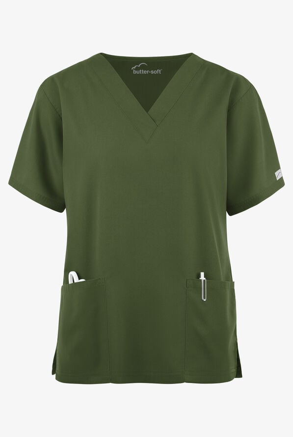 Blusa m&eacute;dica Butter-Soft Core by UA&trade; con cuello en V y 2 bolsillos para mujer - Olive - 1