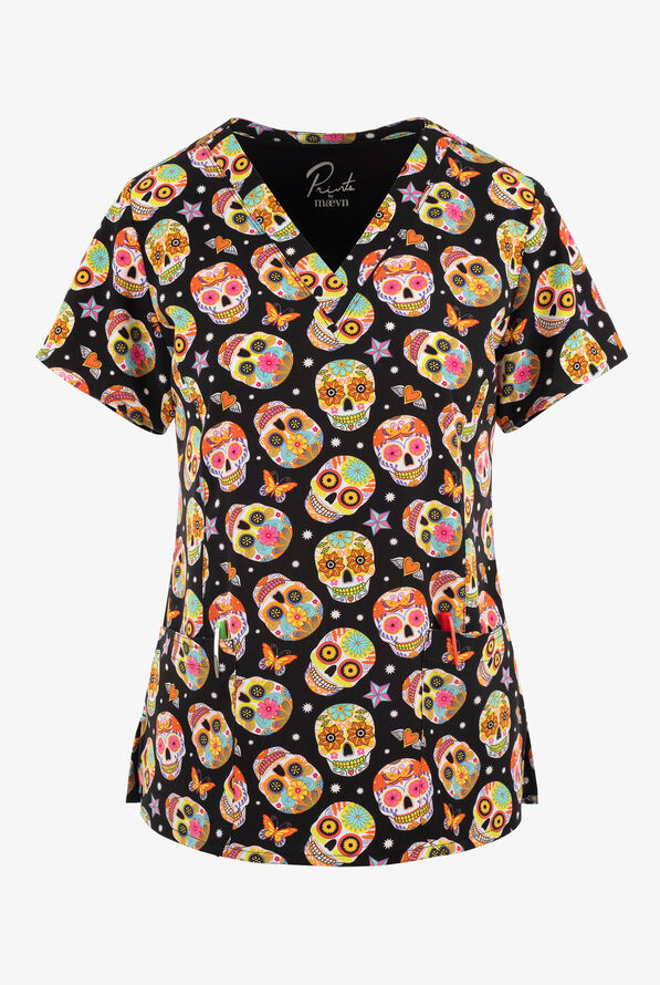 Maevn Sugar Skull Dreams Women's 3-Pocket STRETCH V-Neck Print Scrub Top - null - 1