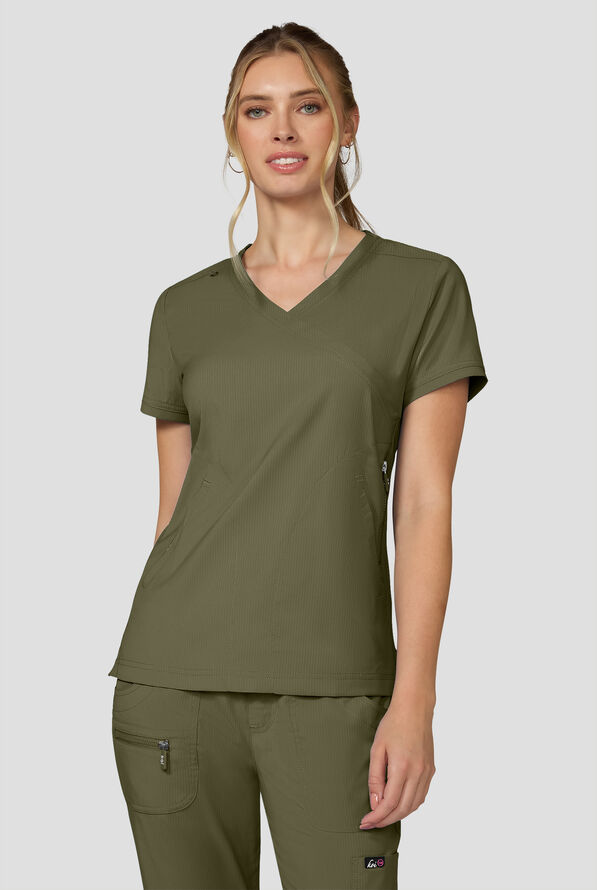 koi Lite&trade; Philosophy Women's 3-Pocket Mock Wrap Side Zipper Scrub Top - Olive - 2