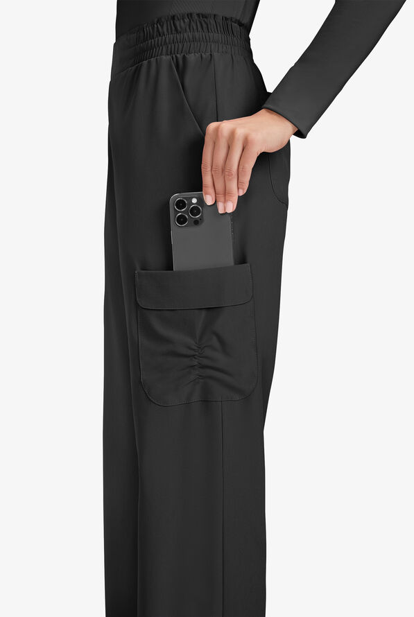 Planet koi Ayla Women's 6-Pocket STRETCH Flat Waist Rouched Cargo Convertible Wide Leg Scrub Pants - Black - 3