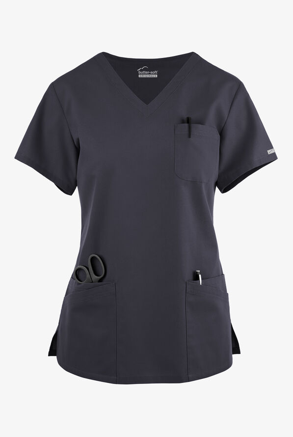 Butter-Soft Originals Women's 7-Pocket Curved V-Neck Scrub Top - Pewter - 1