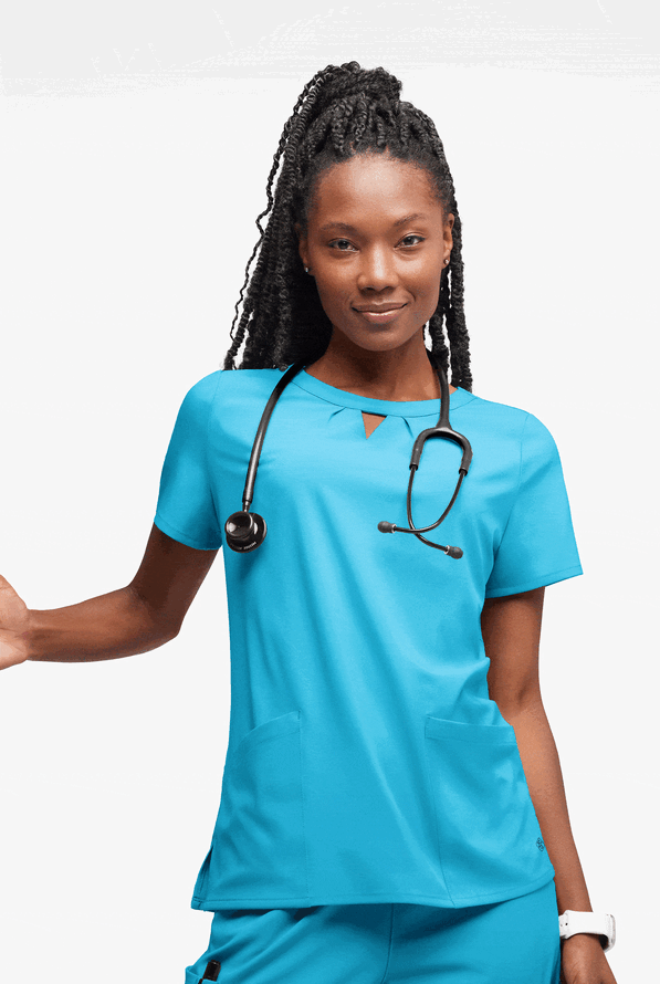 Blusa m&eacute;dica Easy STRETCH Salma con cuello ojo de cerradura y 3 bolsillos para mujer - Turquoise - 4