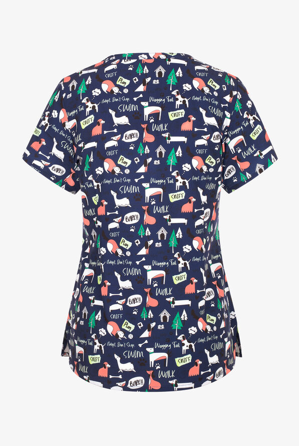 Maevn Playful Pups Women's 3-Pocket STRETCH V-Neck Print Scrub Top - null - 2
