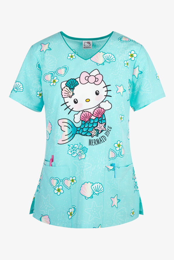 Tooniforms Hello Kitty Mermaid Women's 3-Pocket STRETCH V-Neck Print Scrub Top - null - 1