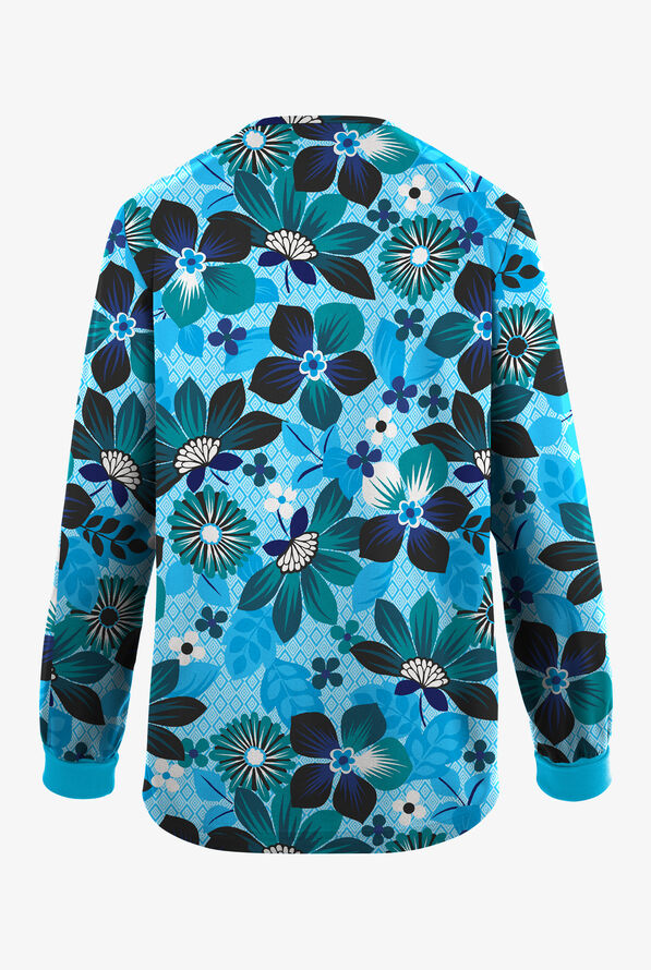 Butter-Soft Originals Maui Floral Turquoise Women's 3-Pocket Snap Front Print Scrub Jacket - null - 2