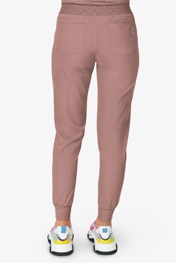 Zavate Ava Therese Women's 6-Pocket STRETCH Smile Face Elastic Waistband Cargo Jogger Scrub Pants - Petite - Mocha - 3