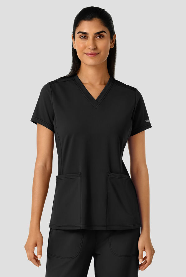Wink Renew Knit Women's 2-Pocket STRETCH Flex N Reach Panel V-Neck Scrub Top - Black - 3