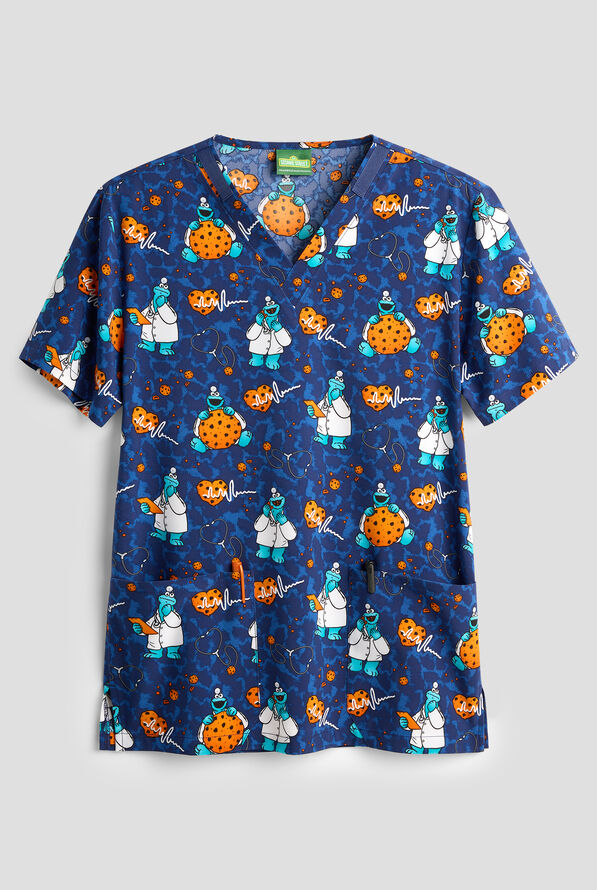 Tooniforms Sesame Street Doctor Cookies Unisex 2-Pocket STRETCH V-Neck Print Scrub Top - null - 1