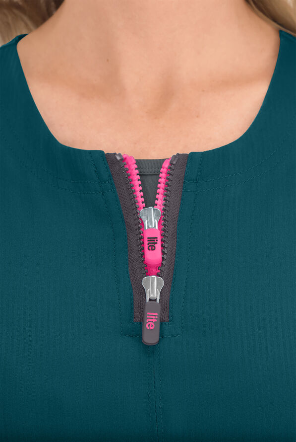 koi Lite™ Serenity Women's 4-Pocket Double Zipper Scrub Top - Caribbean Blue - 3