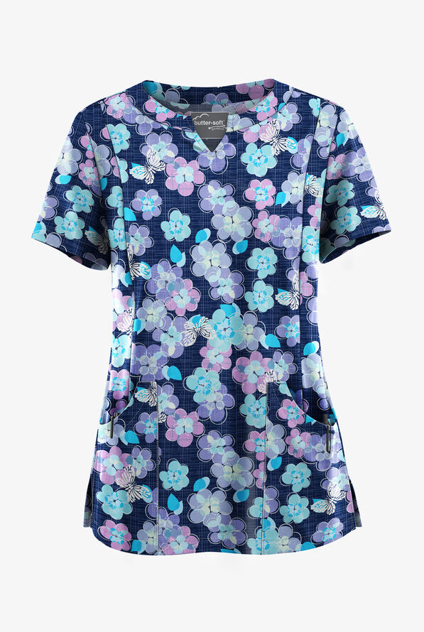 Butter-Soft STRETCH Blooms And Butterflies Navy Women’s 4-Pocket Notch-Neck Print Scrub Top - null - 1