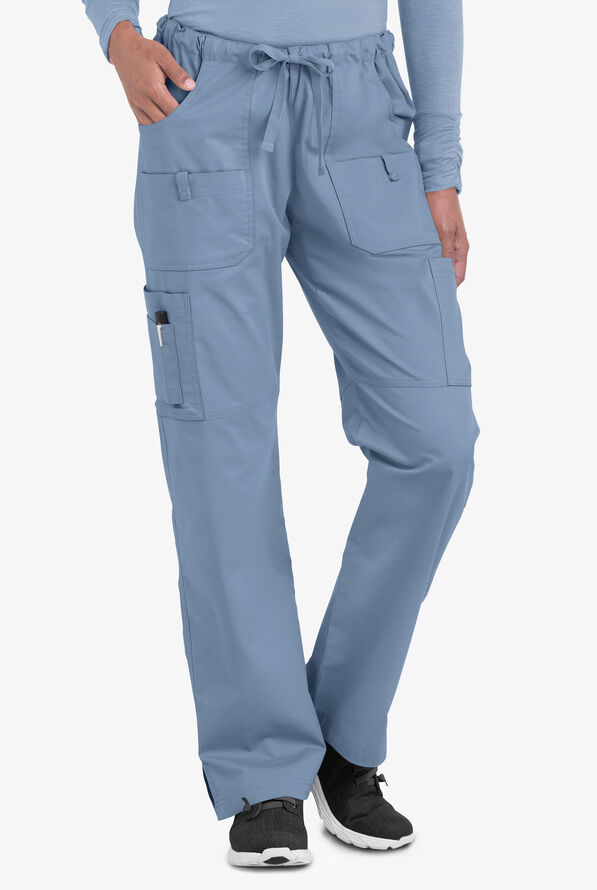 Butter-Soft STRETCH Women's 10-Pocket Drawstring Scrub Pants - Petite - Indigo Batik - 1